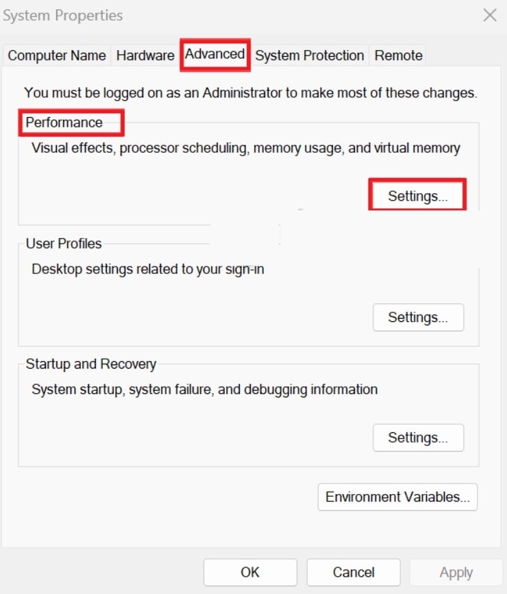 access advanced performance settings